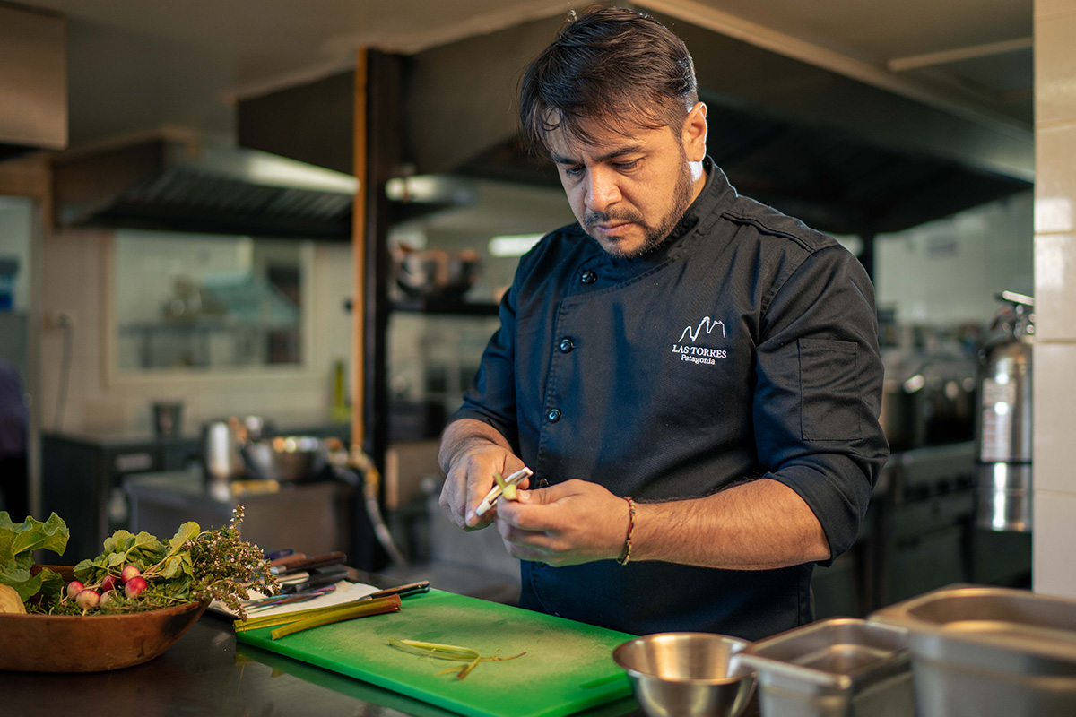 Chef Joaquín Pitta in the kitchen of Las Torres Patagonia.
